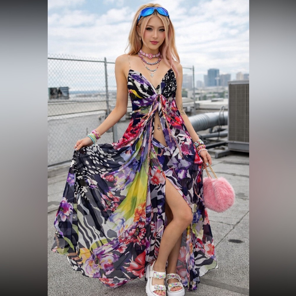 Y2K Handkerchief Britney 90s Floral Multicolor Maxi Prom Dress Zebra Butterfly - Picture 7 of 7